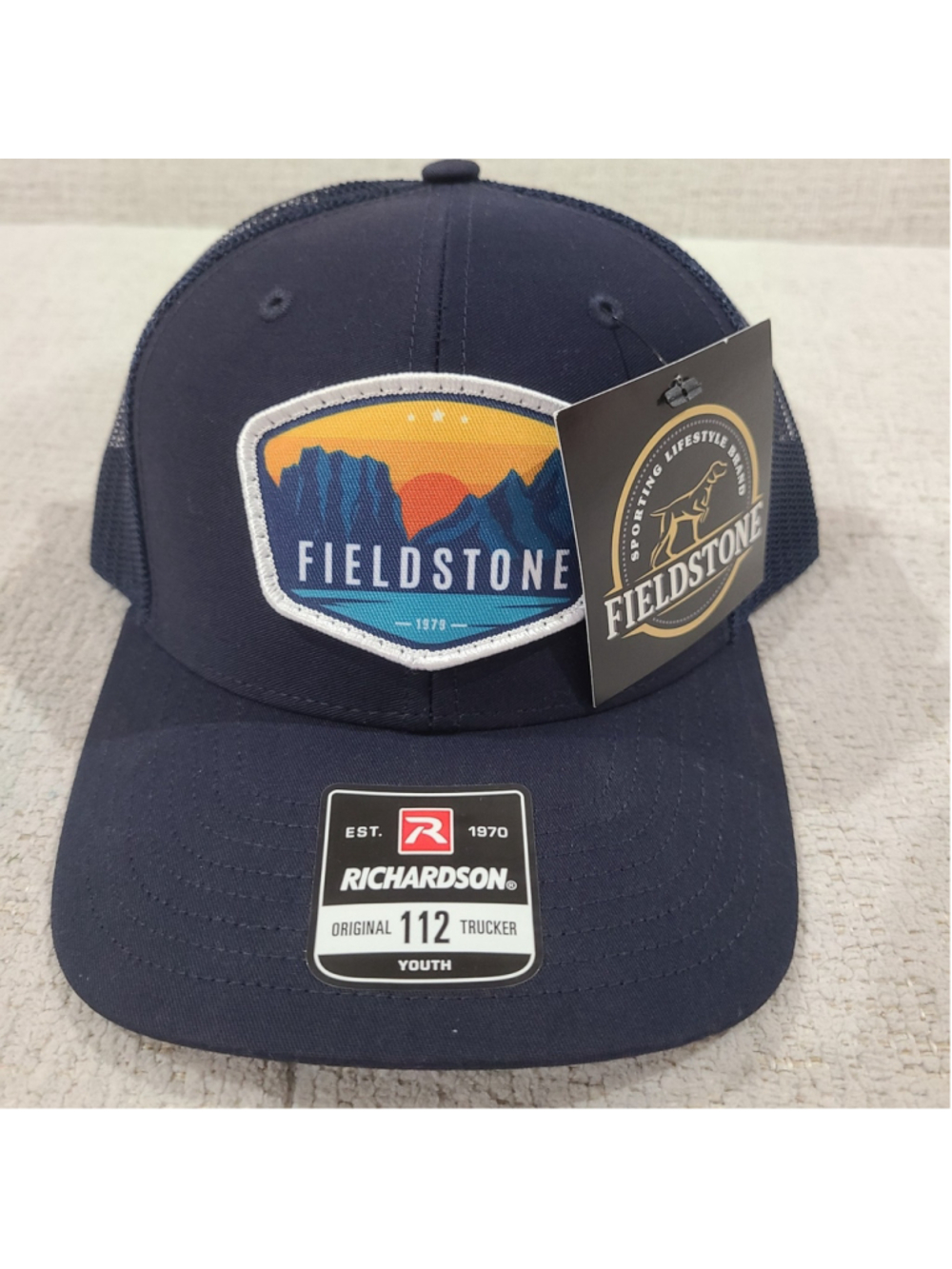 NEW Fieldstone Richardson 112 Youth Kids Trucker Hat Snapback Navy Blue Mountain